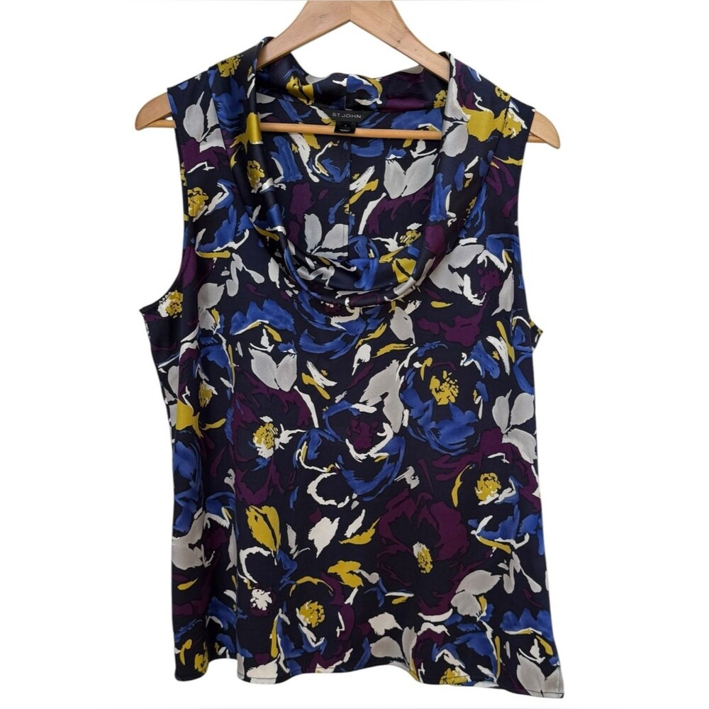 St. John Blue Sleeveless Colorful Floral Pattern Elegant Silk Blouse Top. Large.